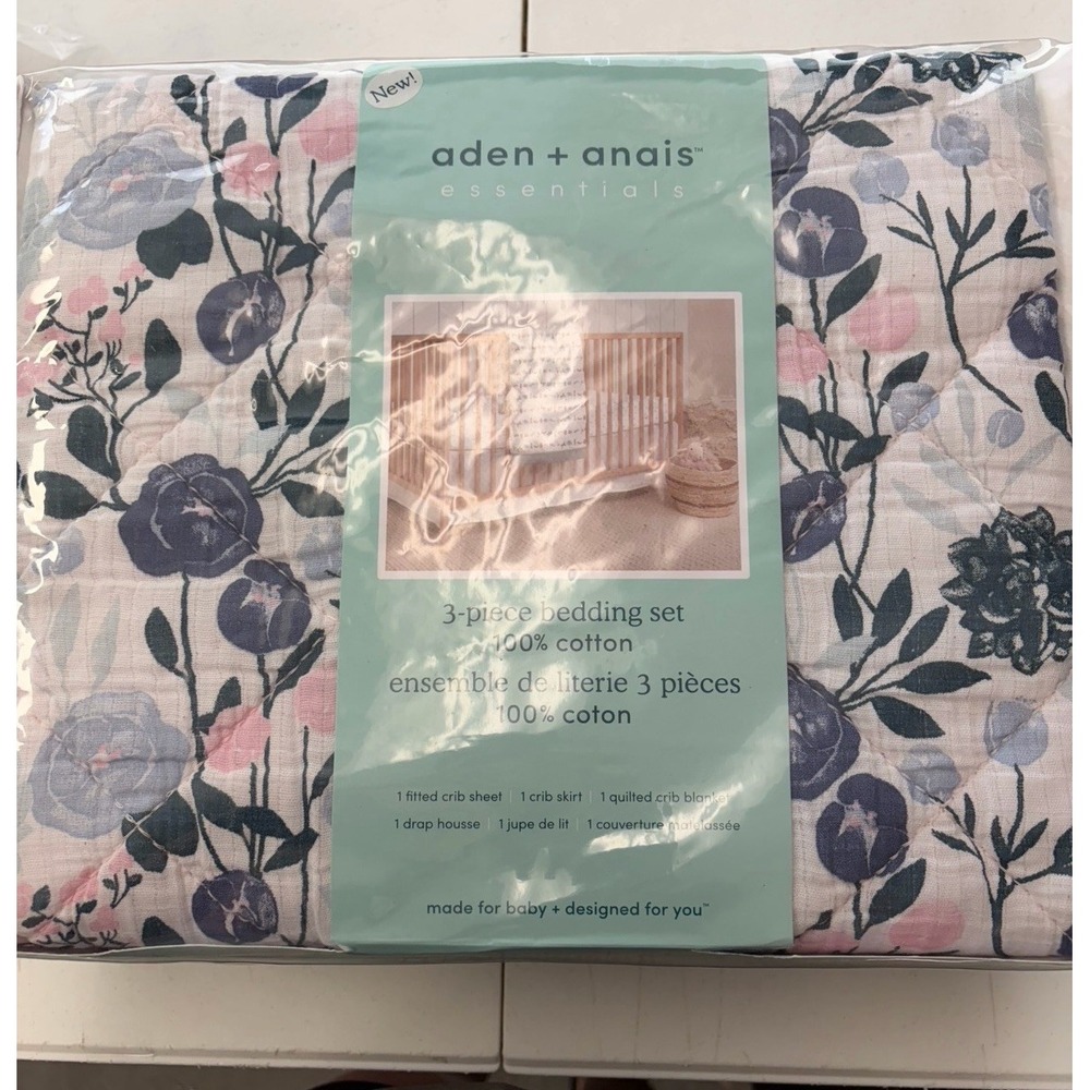aden + anais 3-Piece Crib Bedding Set Floral Cotton Sheet Skirt Blanket NEW!